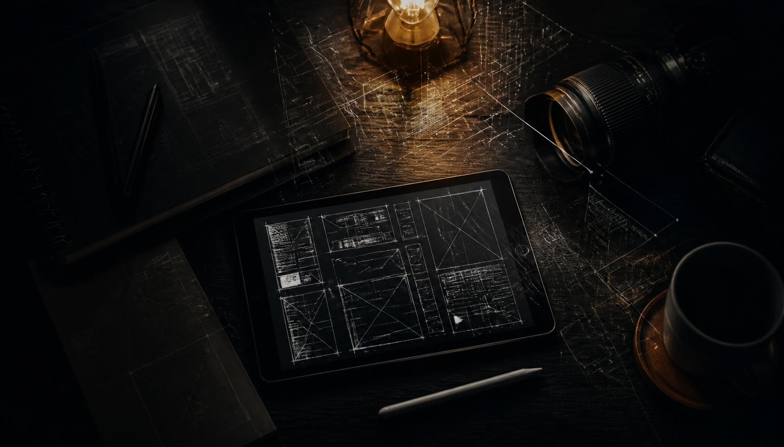 A designer's desk with wireframes on a tablet, a camera lens and a floating interface grid